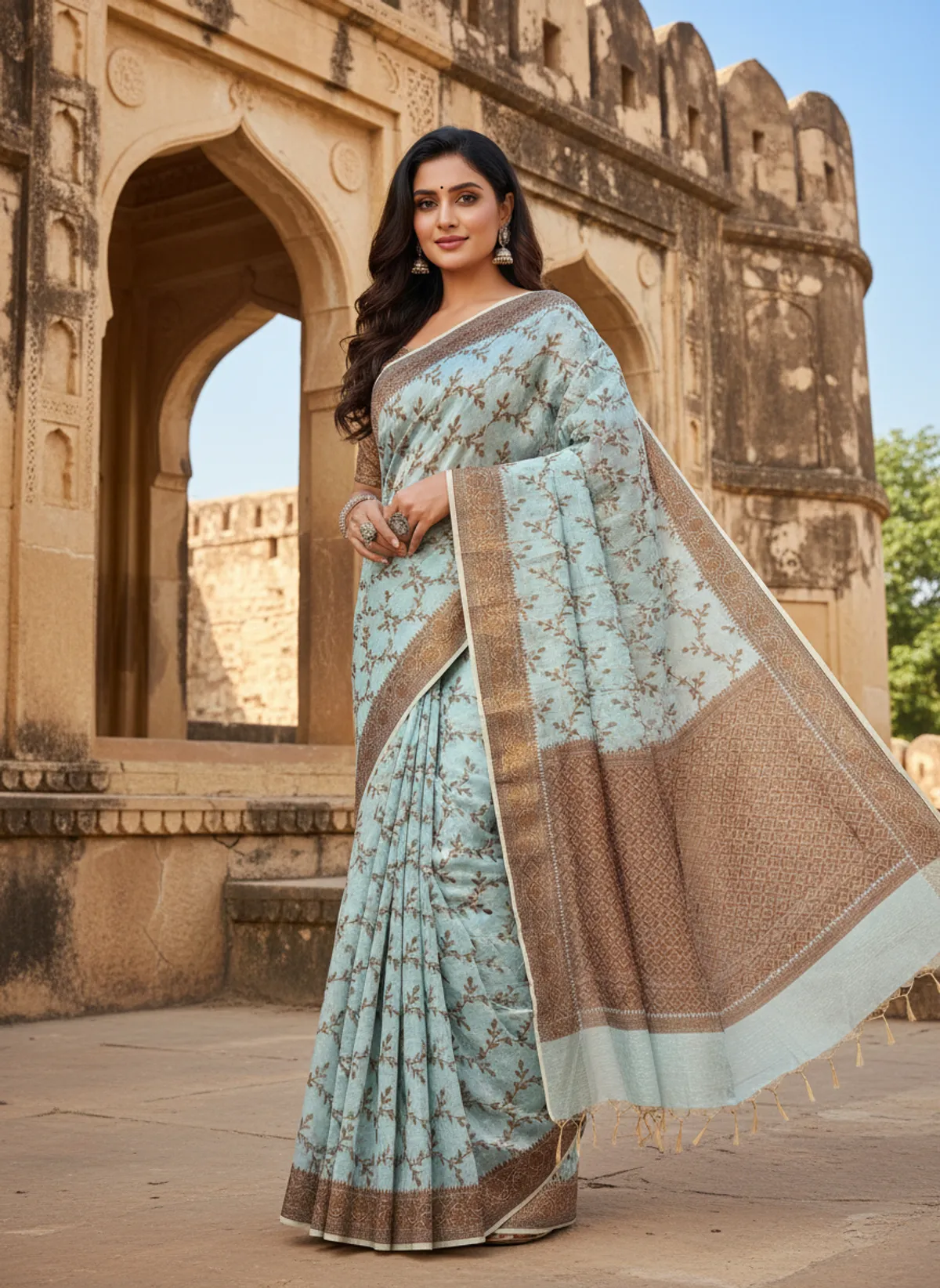 Ice Blue Banarasi Cotton Silk Thread Weaved Saree